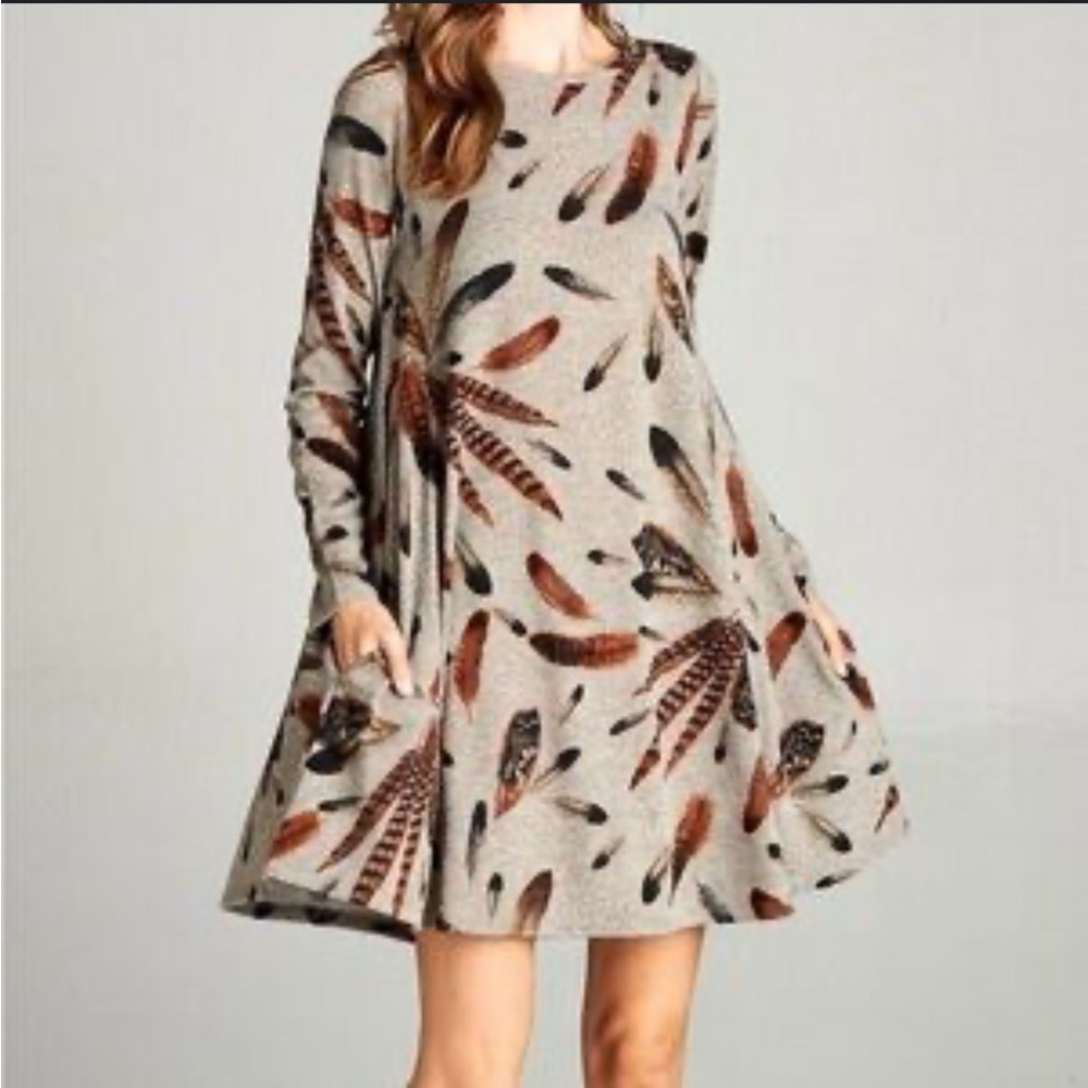 Feather Print Long Sleeve Dress